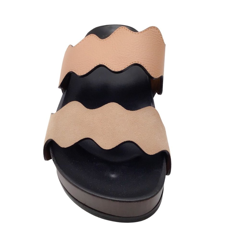 CHLOE CARRAIA TAN SUEDE AND LEATHER FLAT SLIDE SANDALS - Picture 4 of 7